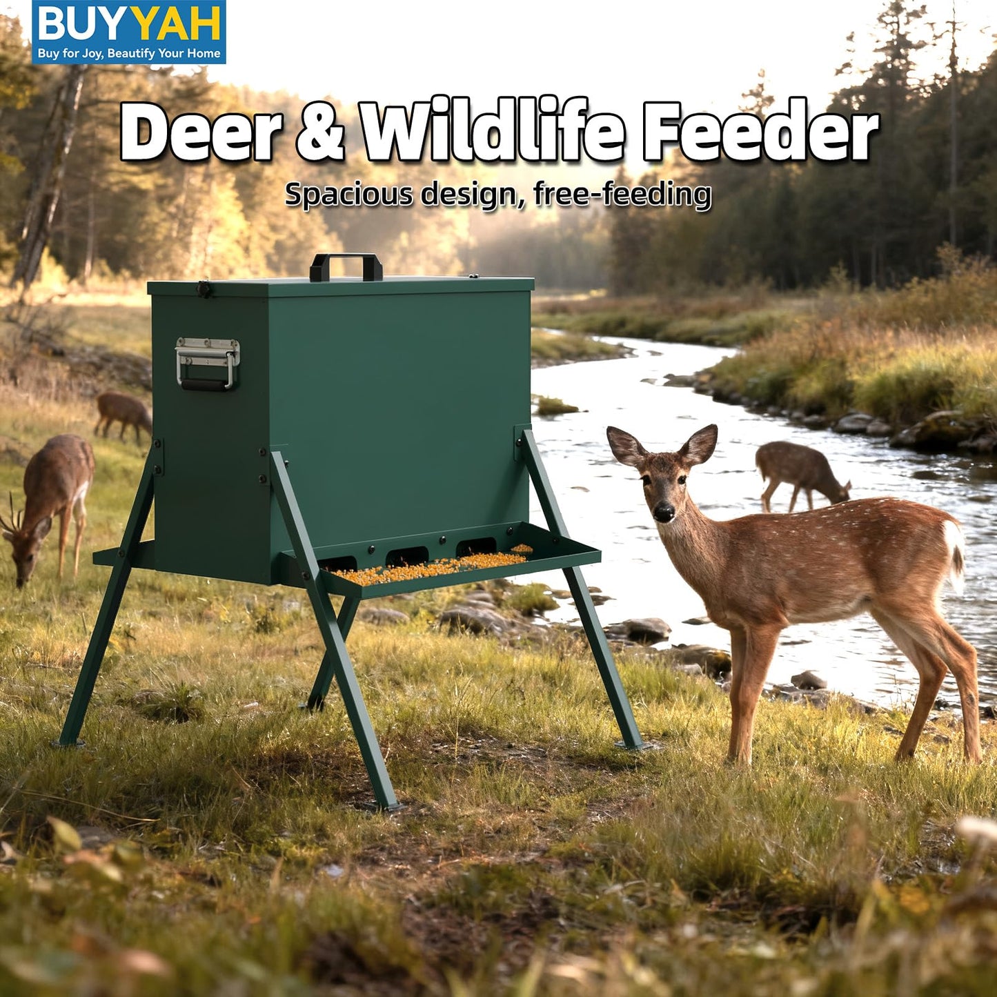 BUYYAH 90-110lb Deer Feeder, Heavy Duty Metal Hunting Game Feeder, Weatherproof Wildlife Feeders for Hunting, Gravity Deer Feeder Automatic Dispenser Feeds Protein and Corn, Green