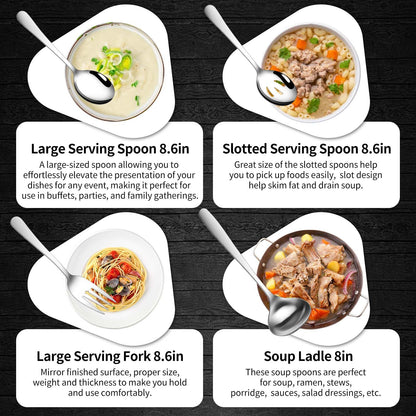 Gisly 12-Piece Serving Set - Large Spoons, Forks, Tongs, Ladle, Cake Server & Appetizer Tongs for Buffet Catering, Dishwasher Safe