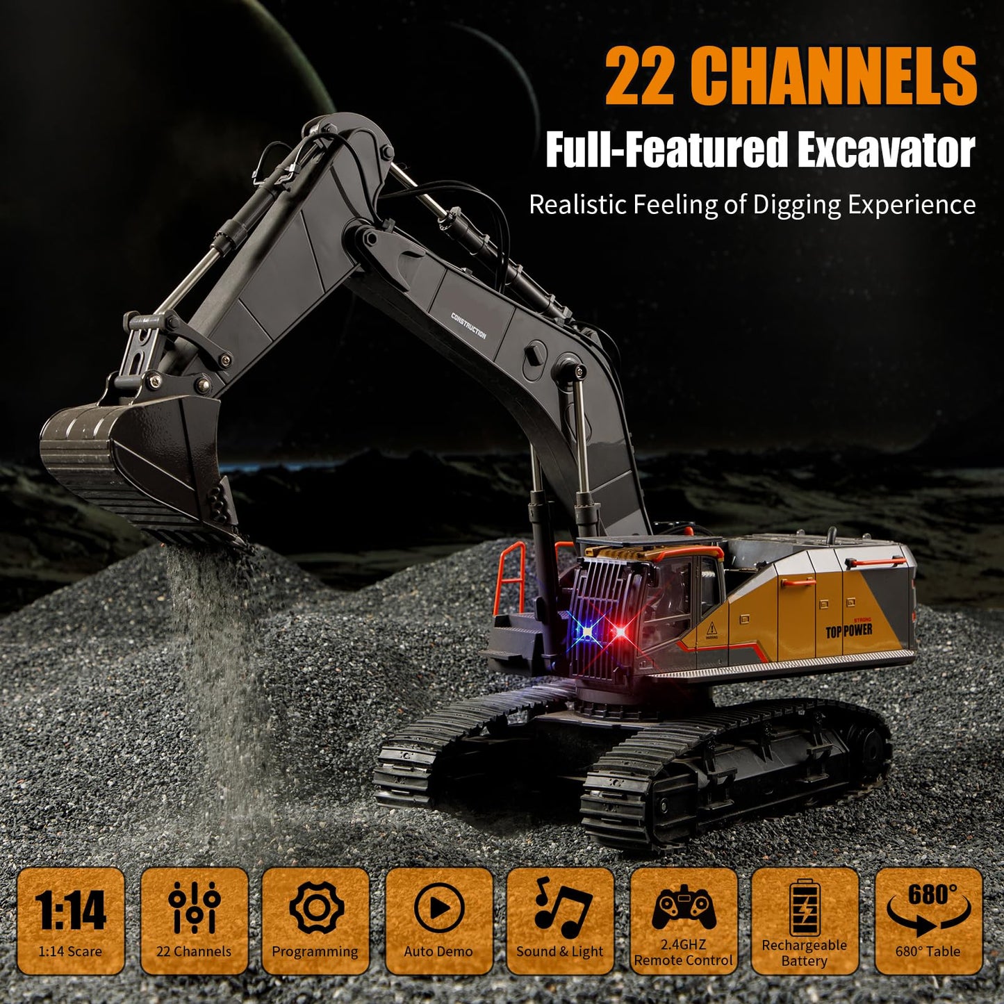 Ssccgym 20.4 Inch 22 Channels Remote Control Excavator Truck 1/14 Scale Metal Shovel Independent Arms RC Digging Machine Metal Alloy Construction Vehicles Toy for 14y+ Beginners