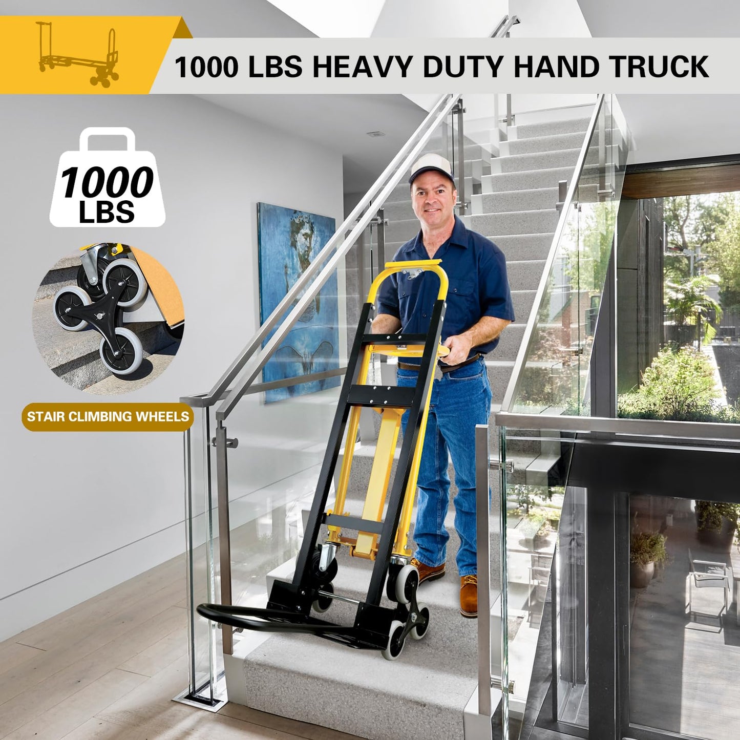 Southhelp 1000 LBS Industrial Convertible Hand Truck,3 in 1 Stair Climbing Dolly Cart,Stair Dolly Climber Heavy Duty with Solid Wheels for Moving,Transport in Warehouse,Office(Yellow)