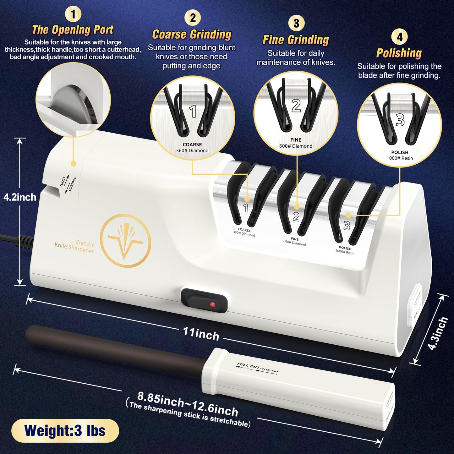 Professional Electric Knife Sharpeners with Diamond Abrasives and Precision Angle Guides, Multifunctional 4-Stage Slots and a hidden Knife Sharpener Rod, Suitable for various knives, scissors, axes ﻿