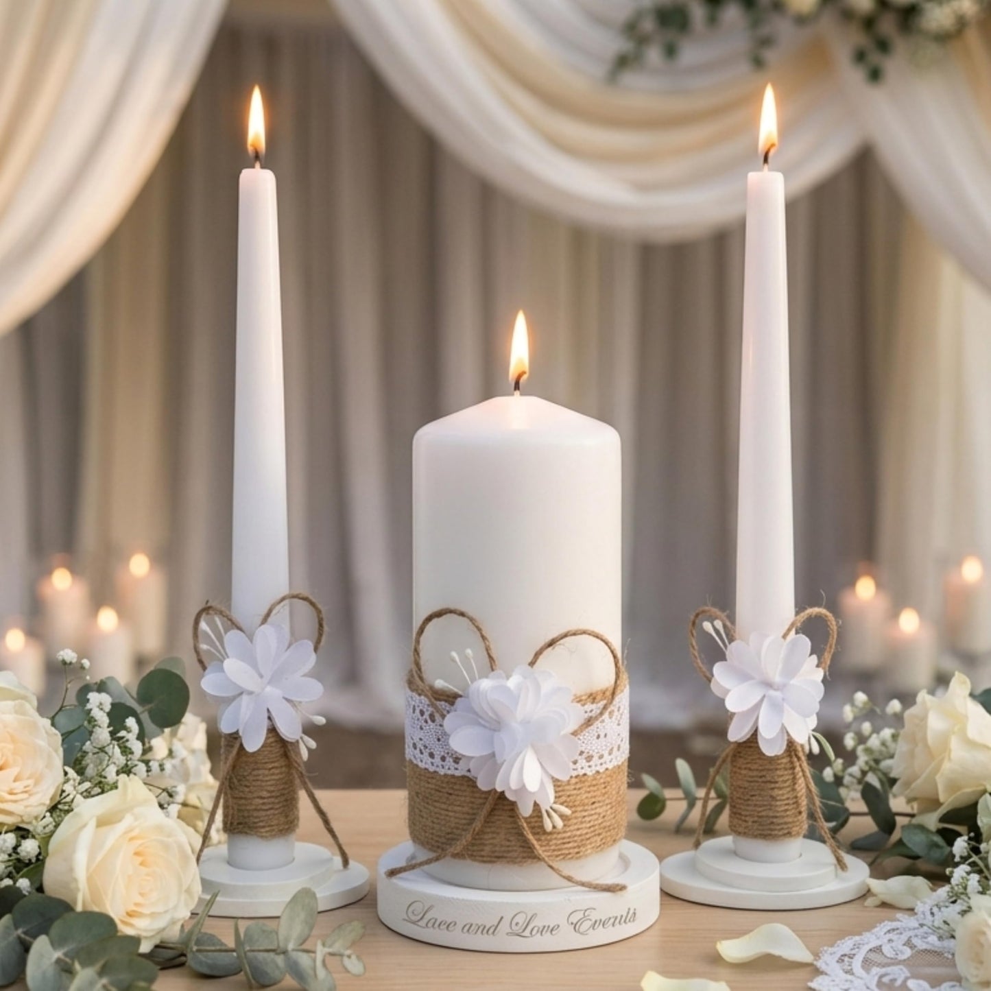 Magik Life Unity Candle Set - Wedding Ceremony & Reception – 6” Pillar & Two 10” Taper Candles – Long Burning Wedding Unity Candles for Marriage Ritual – Home Decor- Handmade in USA – White | Rustic