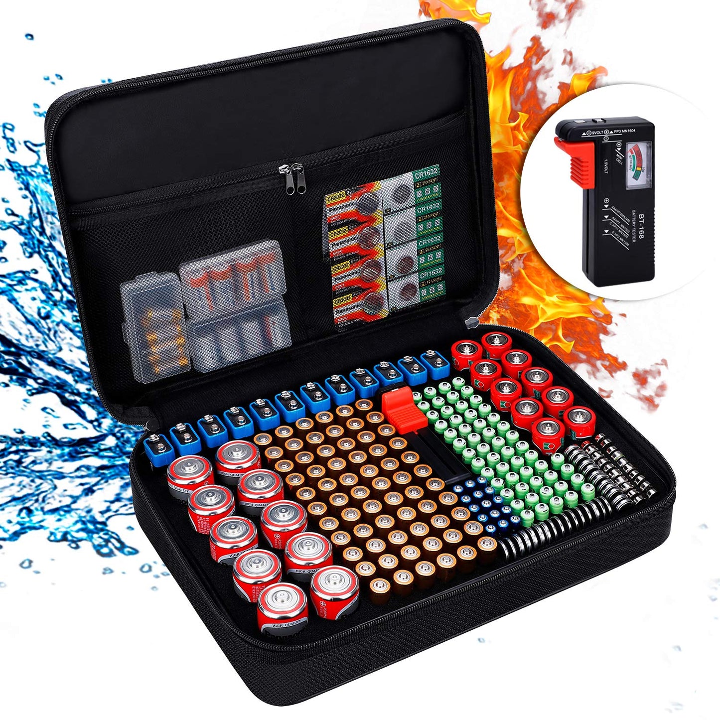 ENGPOW Battery Organizer, Fireproof Battery Organizer Storage Case with Tester (BT168),Water-Resistant Explosionproof Battery Holder Box with Cover and Zipper, Holds 220+ AA AAA C D 9V Batteries