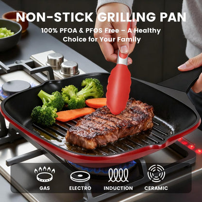 EvoFar 11 Inch Nonstick Grill Pan, Square Large Grilling Skillet Steak Pan for Stove Tops, Granite Coating Grill Skillet with Pour Spouts, PTFE & PFOA Free, Durable Grilling Pan for Indoor & Outdoor