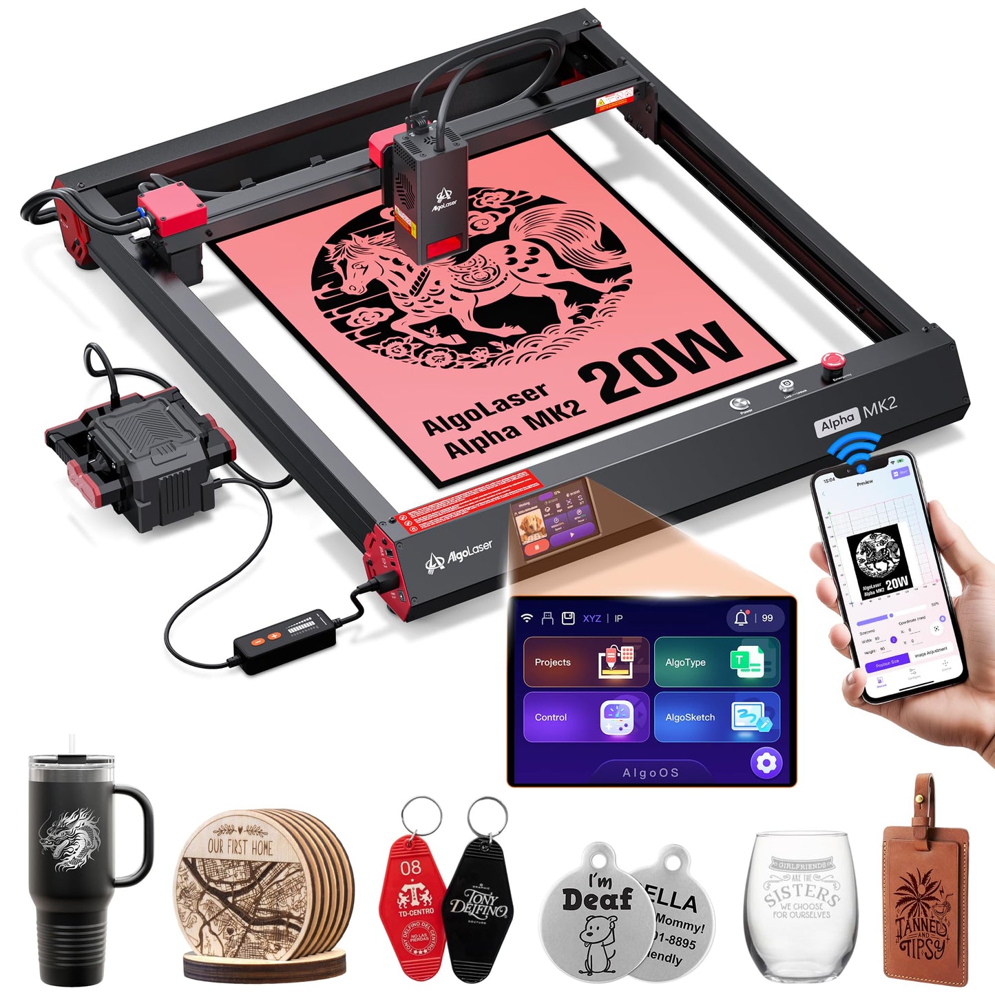 AlgoLaser Smart Laser Engraver, 20W Class 1 Laser Ccutter Machine, Built-in System, no Computer Required, Works on Metal, Wood, Acrylic, Leather, Includes air Pump Accessory.
