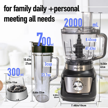 All In One Food Processor Blender Bombo 1000W,8 Cup Food Processor,24oz To-Go Lid Cup, for Smoothies/Shakes/Mixing/Shredding/Slicing/Chopping/Dough/Grinder, Black