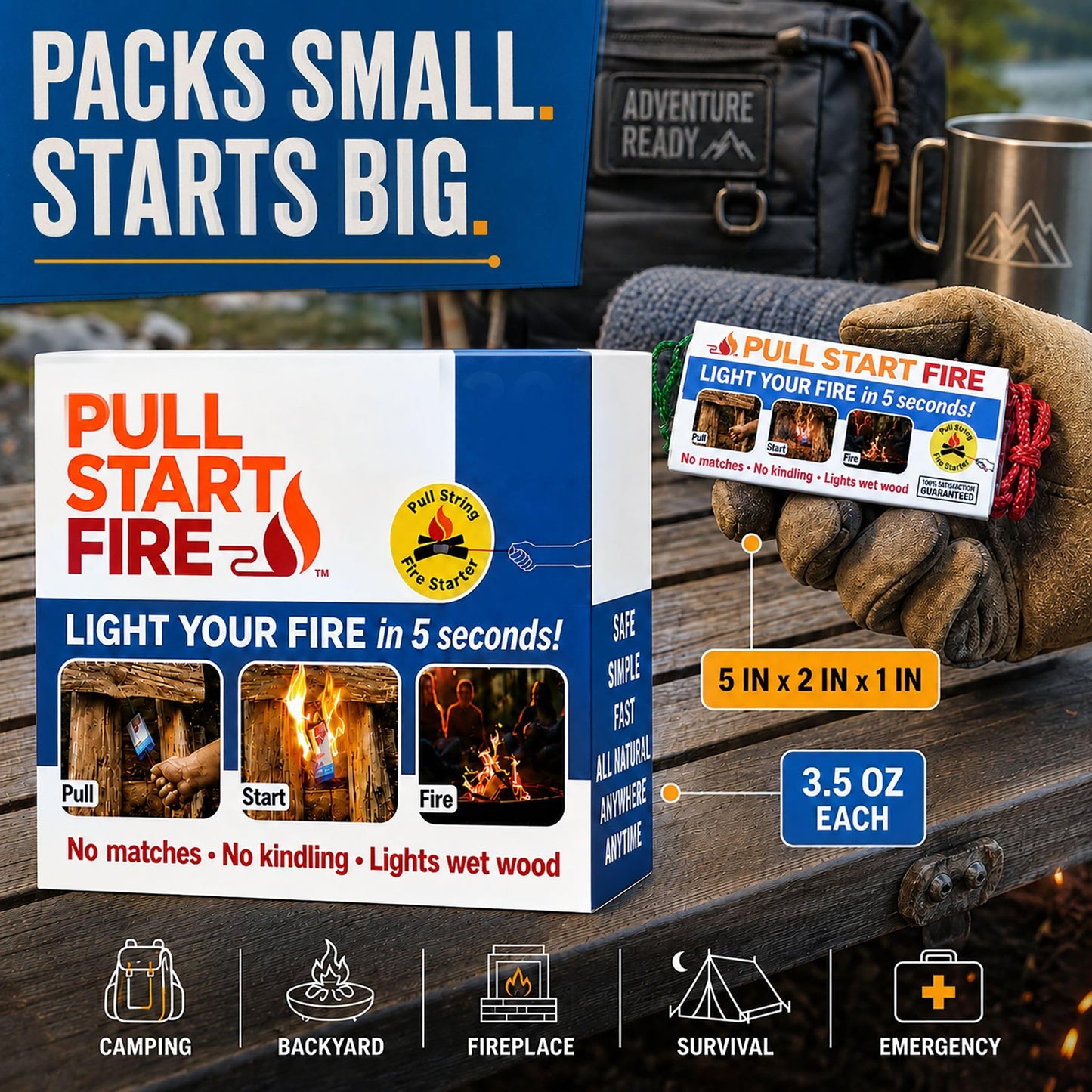 Pull Start Fire Pull String Fire Starter - No Matches Required, Lights Wet Wood, Chimney Starter, Food Safe Firestarter Brick for Campfire Grill, BBQ, Fireplace, Firepit, Burns 30 Minutes - 12 Count