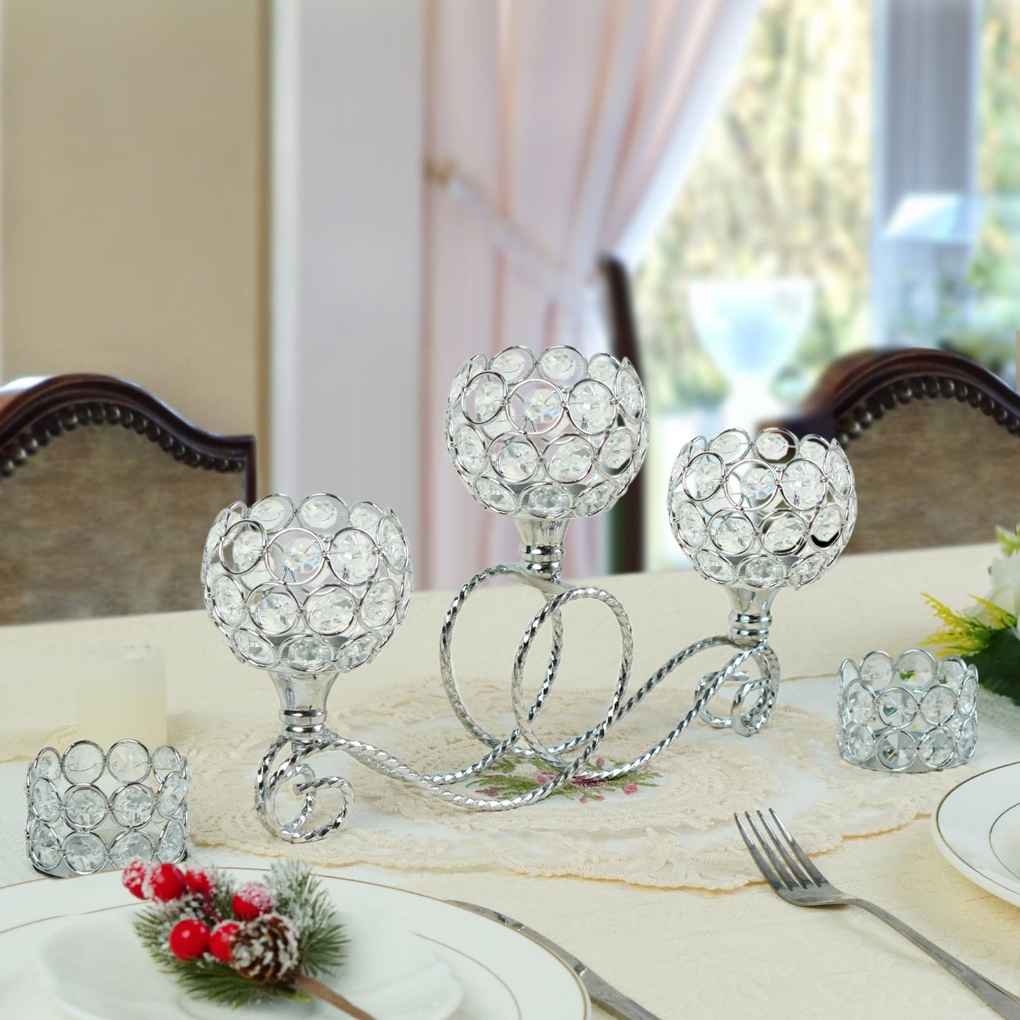 Gold/Silver Metal Crystal Tea Light Candle Holder, Elegant Wedding Table Centerpiece 3/5 Arm Crystal Candle Holder, Christmas Votive Candle Holder for Wedding Living Room Decor (Silver, 1pc-3 Arm)