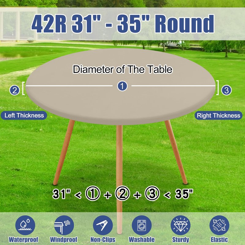 Moosfor Round Spandex Tablecloth, Elastic Fitted Waterproof Tablecloths for 31"-35" Tables, Stretch Washable Picnic Table Cover for Camping, Dining, Indoor and Outdoor, Taupe