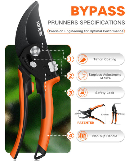 VOTREK 8.5" Pruning Shears for Gardening, 【Unique Stepless Handle Opening】Professional Bypass Garden Clipper, Heavy Duty Plant Pruners for Branch 【SK5 Steel Blades】【All Hand Sizes】,Bright Orange