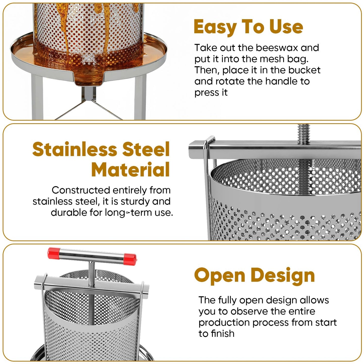 FWTRMRC Honey Press, 3.5 Gallon Honey Extractor Manual Stainless Steel Bee Honey Press Extractor Household Manual Mesh Honey Press Extractor Machine for Wine Honey and Juice Making