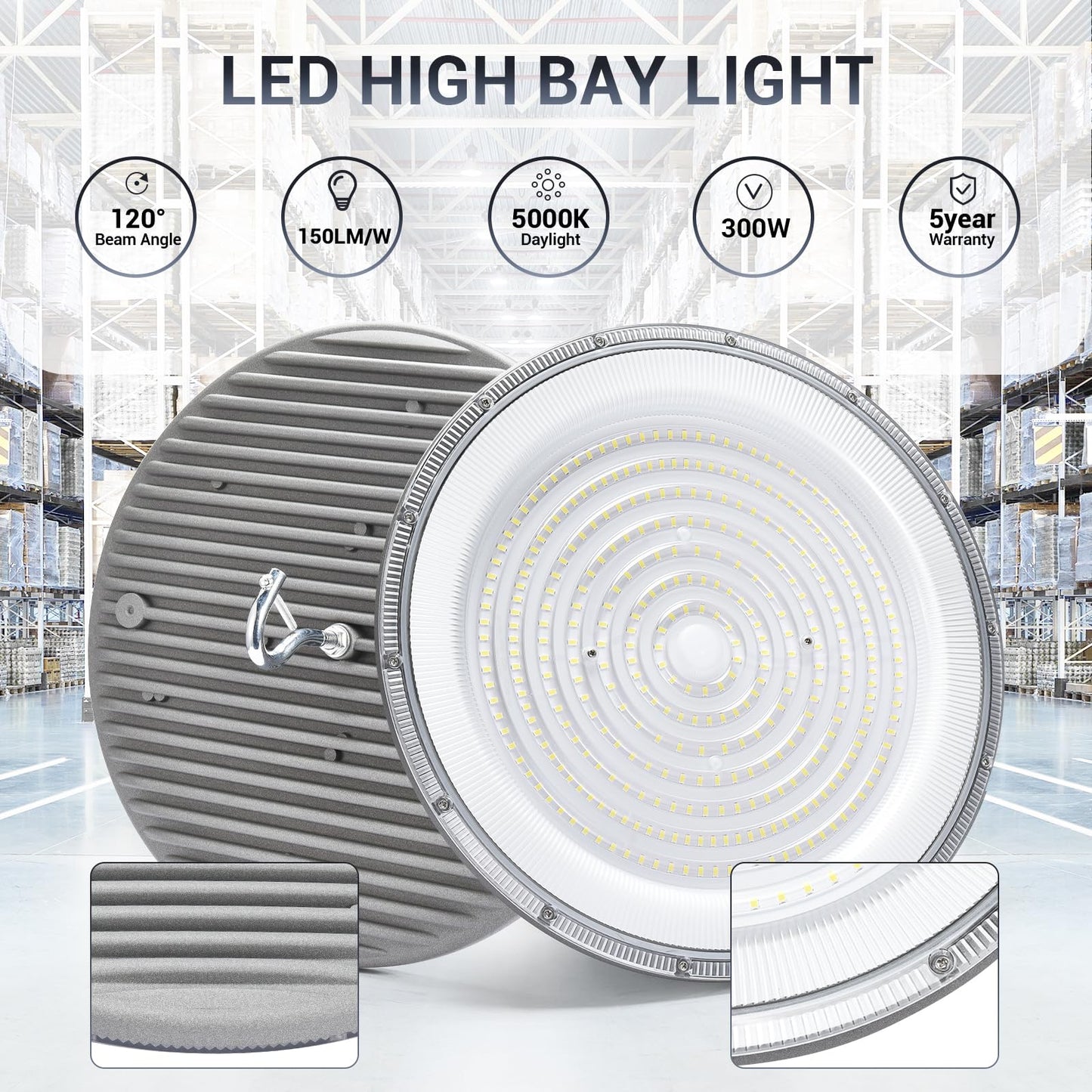 XYCN 15 Pack 300W UFO Led High Bay Light,120VAC,5000K Daylight Commercial Bay Lighting,IP66 Waterproof,45050LM,1300W MH/HPS with Plug Area Light for Warehouse/Shop/Workshop/Barn/Gym/Factory