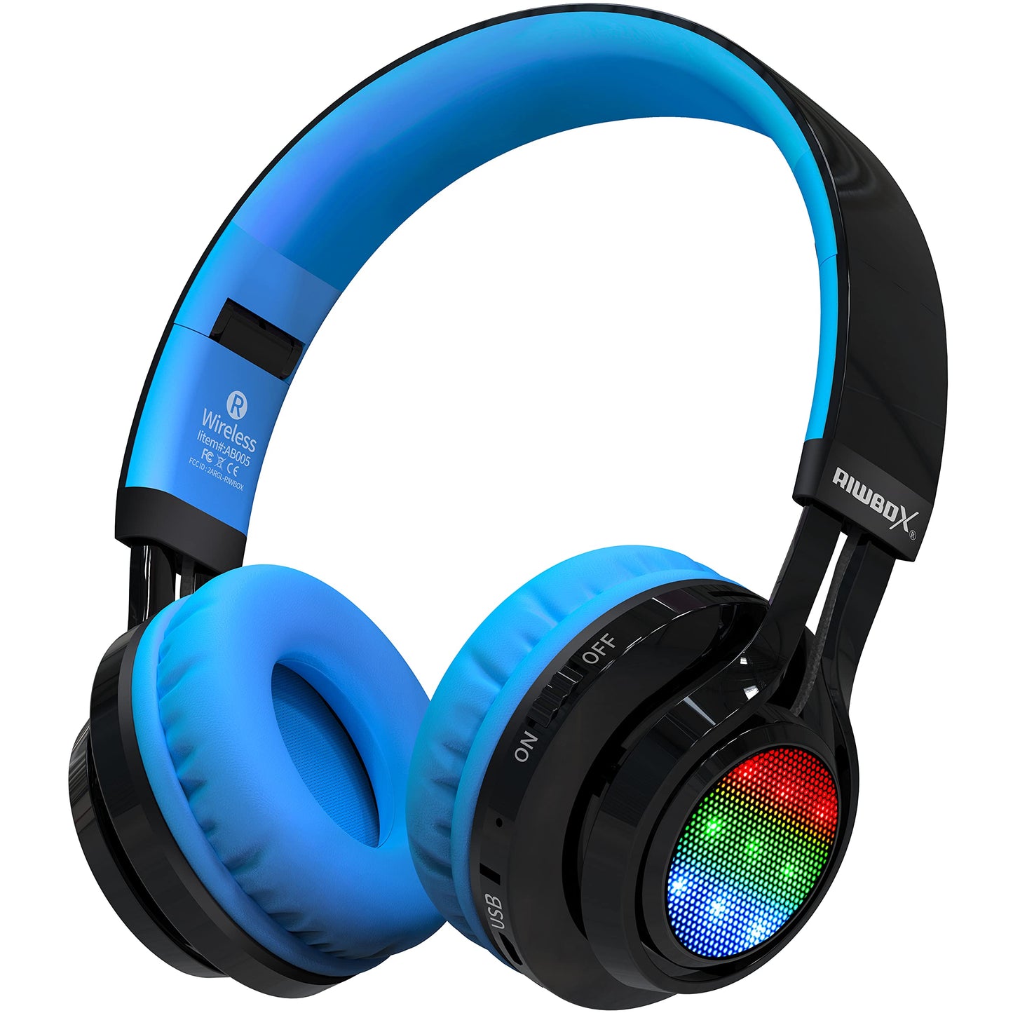 Riwbox Wireless Headphones for Kids, AB005 Kids Bluetooth Headphones V5.2 with Microphone Foldable Headset with TF Card FM Radio and LED Light Compatible for Phones PC TV (Black&Blue)