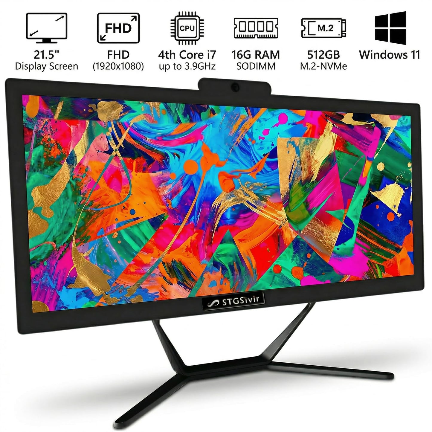 STGSivir All in One Desktop Computer, 21.5" FHD Display, Intel Core i7 up to 3.9G, 16GB RAM, 512GB SSD, WiFi 5, BT, RGB Keyboard & Mouse, Webcam, Windows 11 Home