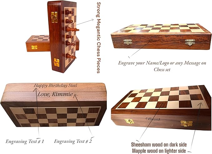 | Personalized Wooden Chess Set | Magnetic Folding Travel Chess Board with Storage &amp 2 Extra Queens (12 x 12 Inch Brown)