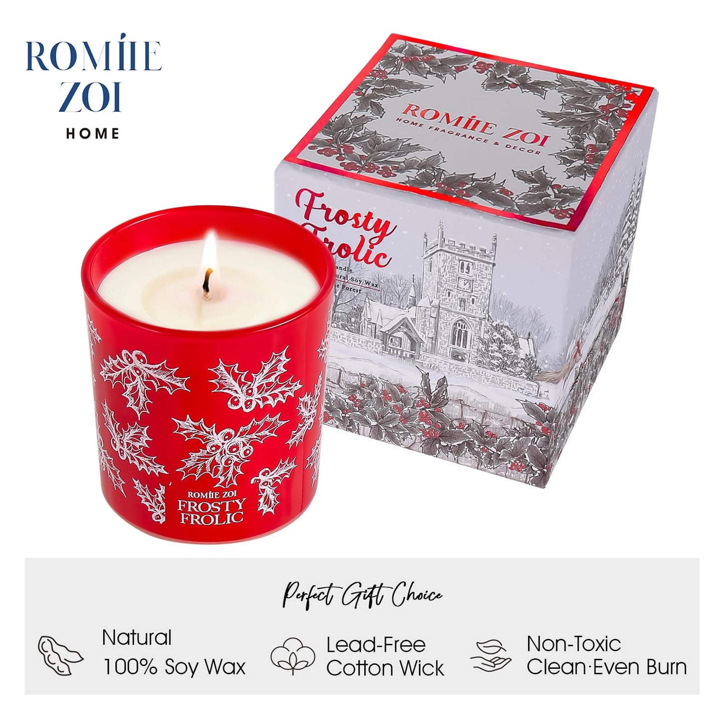 ROMIIE ZOI Christmas Scented Jar Candle - 6oz Soy Wax Candle - Frosty Frolic Infused with Pine Forest Aroma - with Beautiful Keepsake Box Special for Christmas/Holiday Gifts