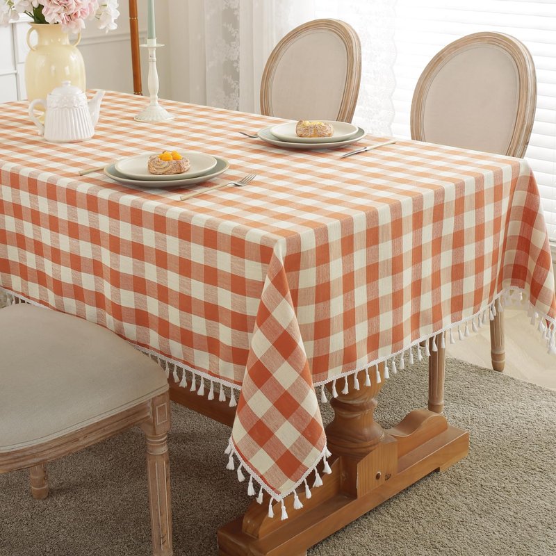 Laolitou Orange Checkered 60" Round Tablecloth (Fits 30-48" Table) Washable Buffalo Plaid Table Cloth with Tassel Cotton Linen Gingham Table Cover for Fall Decorations, Orange, Round