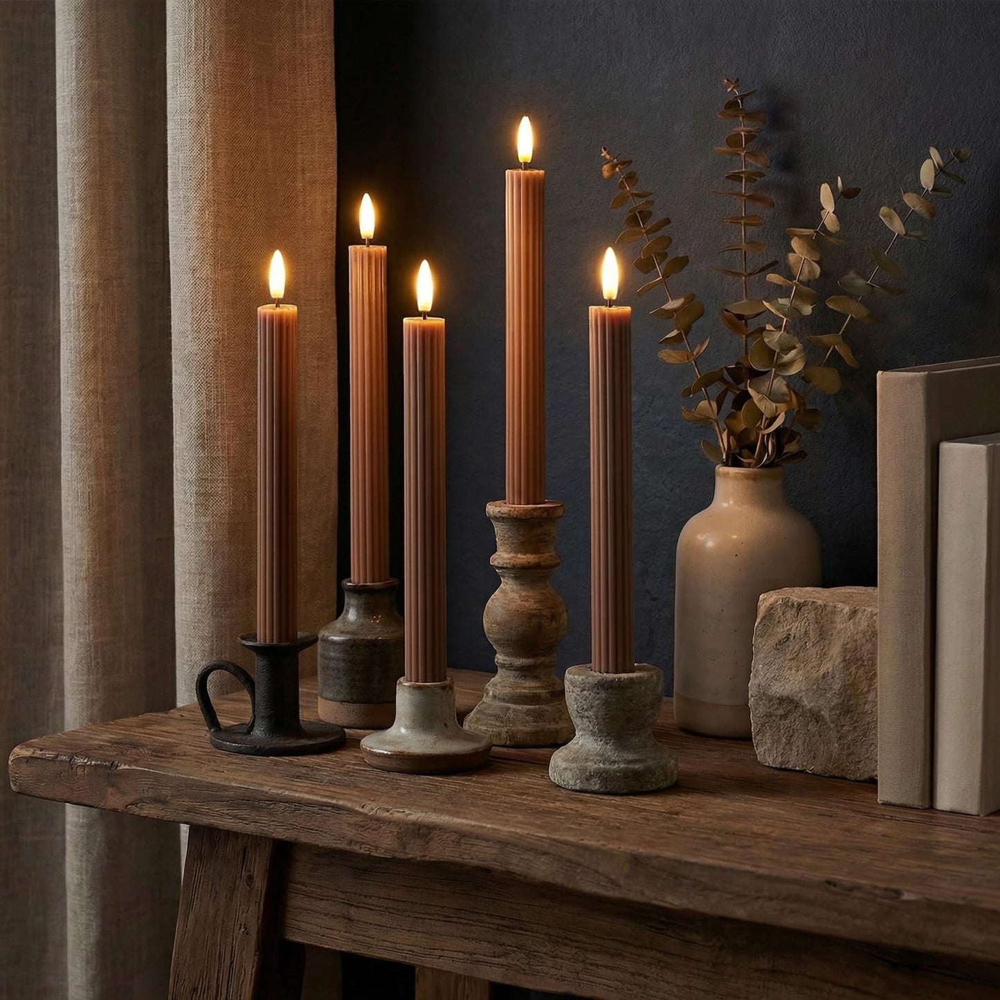 West Ivory 6 Pack, 10" LED Flameless Brown Tan Fluted Ribbed Grooved Taper Candles, Remote & 24h Timer Memory, On/Off Button, Dimmable, Flicker Mode, Battery Operated, Christmas Menorah Wedding
