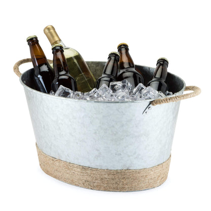 Twine Seaside Jute Rope Wrapped Farmhouse Galvanized Ice Metal Beverage Tub, Wine, Beer Bottle Bucket, 4.5 Gallons