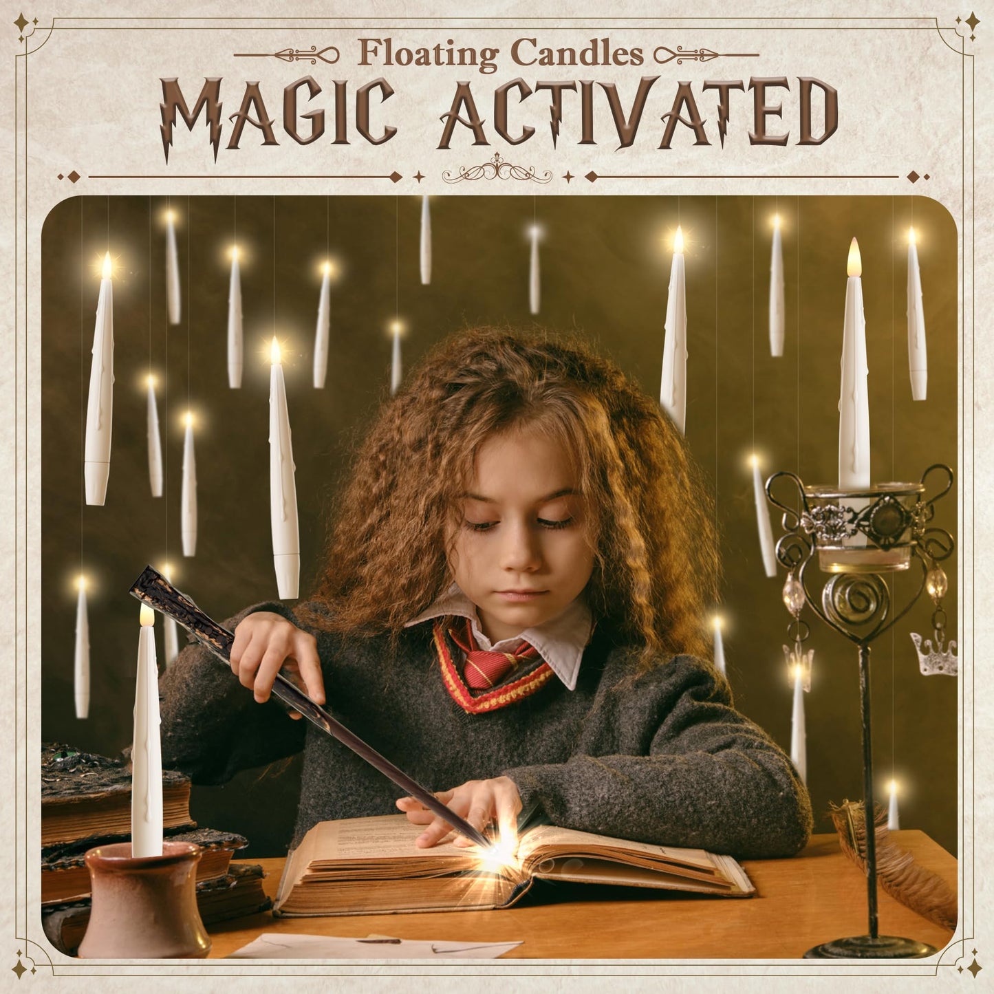 JOIONE Floating Candles with Wand, 20 Pack Hanging Candles with Magic Wand Remote, Battery Powered Floating Candles with 2 Wand, Flameless Magic Hanging Taper Candles for Xmas Halloween Decor