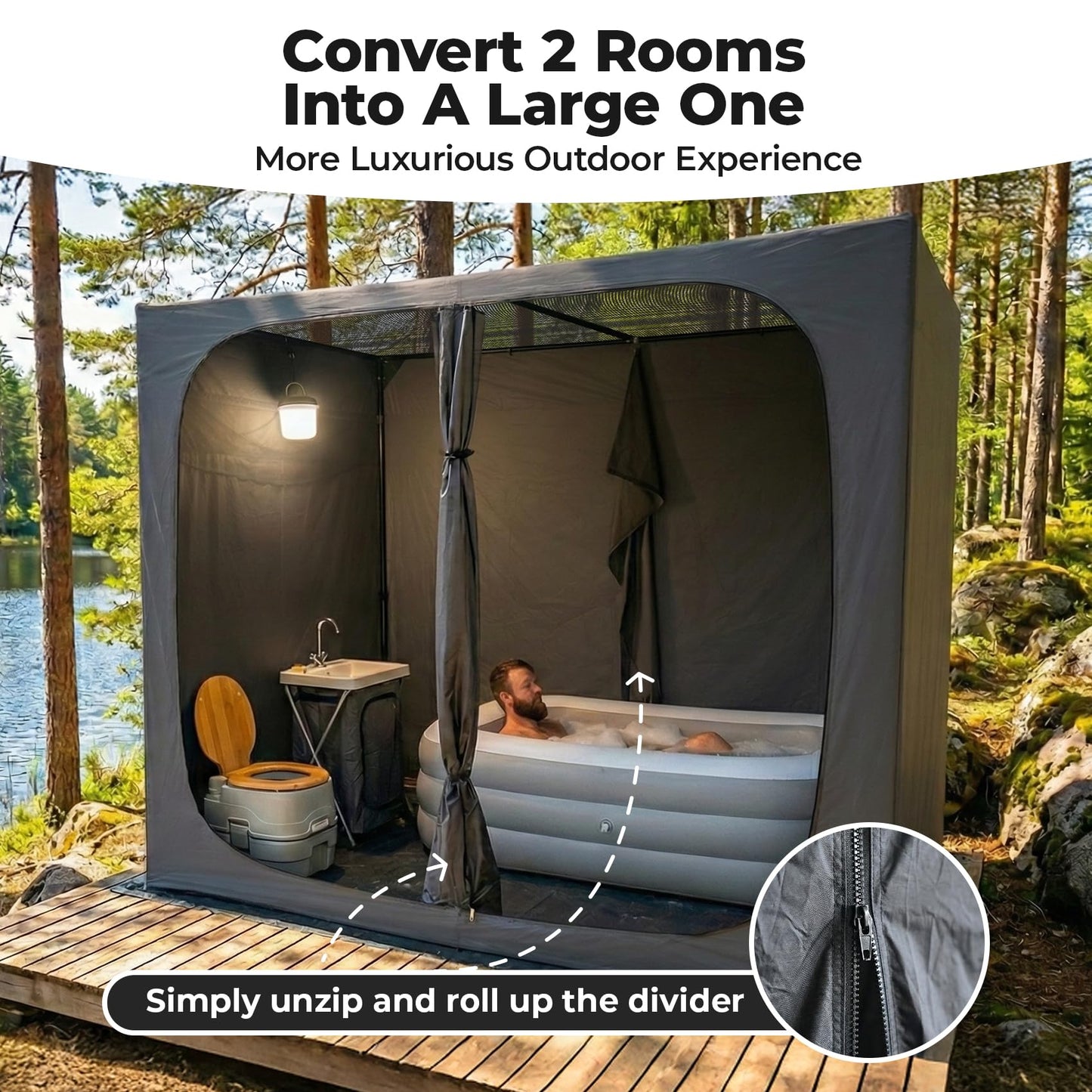 EighteenTek® Shower Tent, 2-Room Changing Room, Outdoor Shower Enclosure Spacious, Privacy Canopy Shelter with Floor & Doors, Stable & Durable, Toilet Tent Bathroom for Courtyard, Pool, Photoshoot