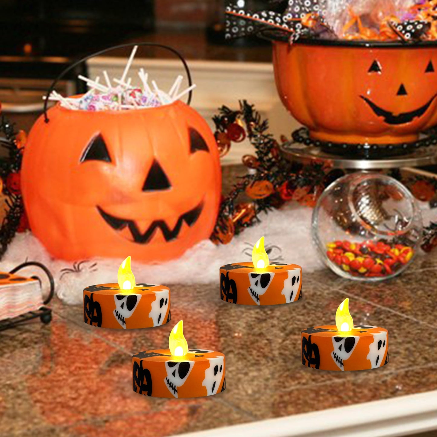 FCMSHAMD Halloween Orange Flameless Tealights Candles with 10-Key Remote Timer Battery Operated, 2.2 Inch Flickering LED Tea Lights Candles for Home Decoration,12 Pack