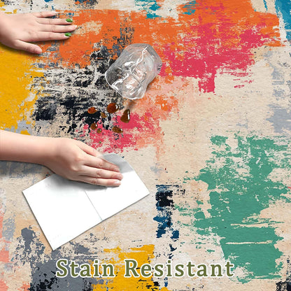 5x7 Colorful Area Rug Modern Abstract Beige Orange Yellow Pink Blue Black White Grey Rug Bedroom Low Pile Thin Large Carpet Living Room Non Slip Dining Room Stain Resistant Office Washable Machine