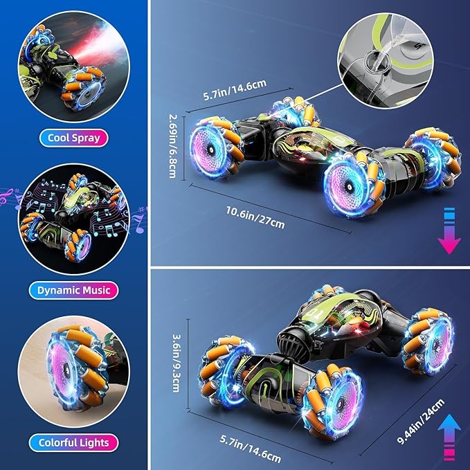Gigilli Gesture Sensing RC Stunt Car with Spray Music Lights Remote Control Car Boys Toys Age 5-7 6-8 9 10 11 12 Birthday Easter Gifts Boys for Kids Grandkids Ages 4 7 13 Years Old 4WD Twist Drift