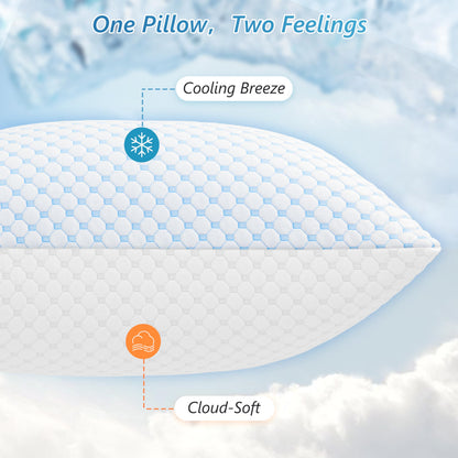UYWO Cooling Firm Bed Pillows Set of 2, Shredded Memory Foam Pillows for Sleeping Luxury Gel Pillows for Side Back Stomach Sleepers with Removable Washable Cover(Blue, King(U.S. Standard))