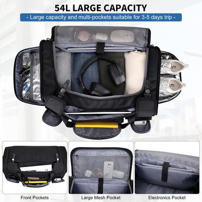 WITZMAN Duffle Bag for Men Large Carry On Weekender Bag 54L Nylon Duffle Gym Bags for Travel with Shoes Compartment(B717 Black)