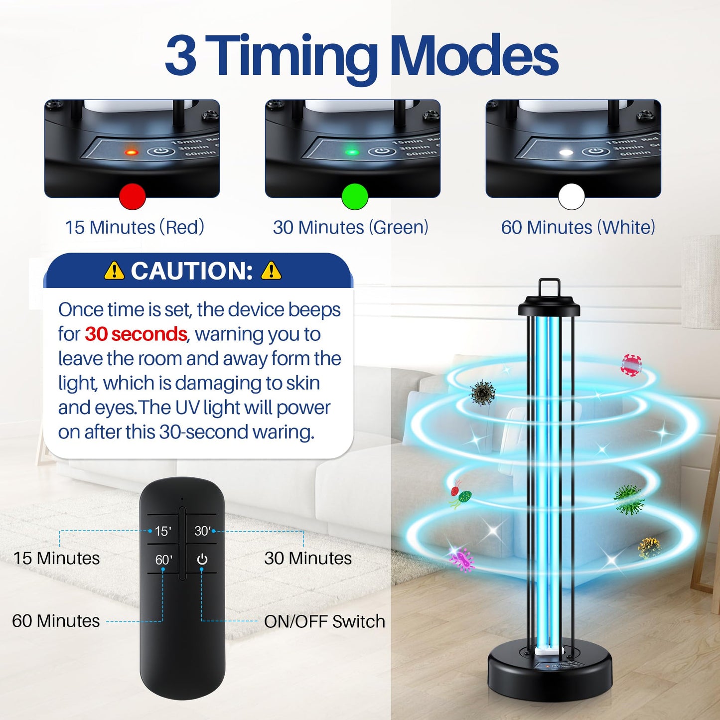 Qualirey 100W UV Light Sanitizer with Ozone Purifier for Room, UV Lamp with 3 Gear Timer Remote Control, Home Disinfection Device for Large Space, Disinfection Faster and More Thoroughly