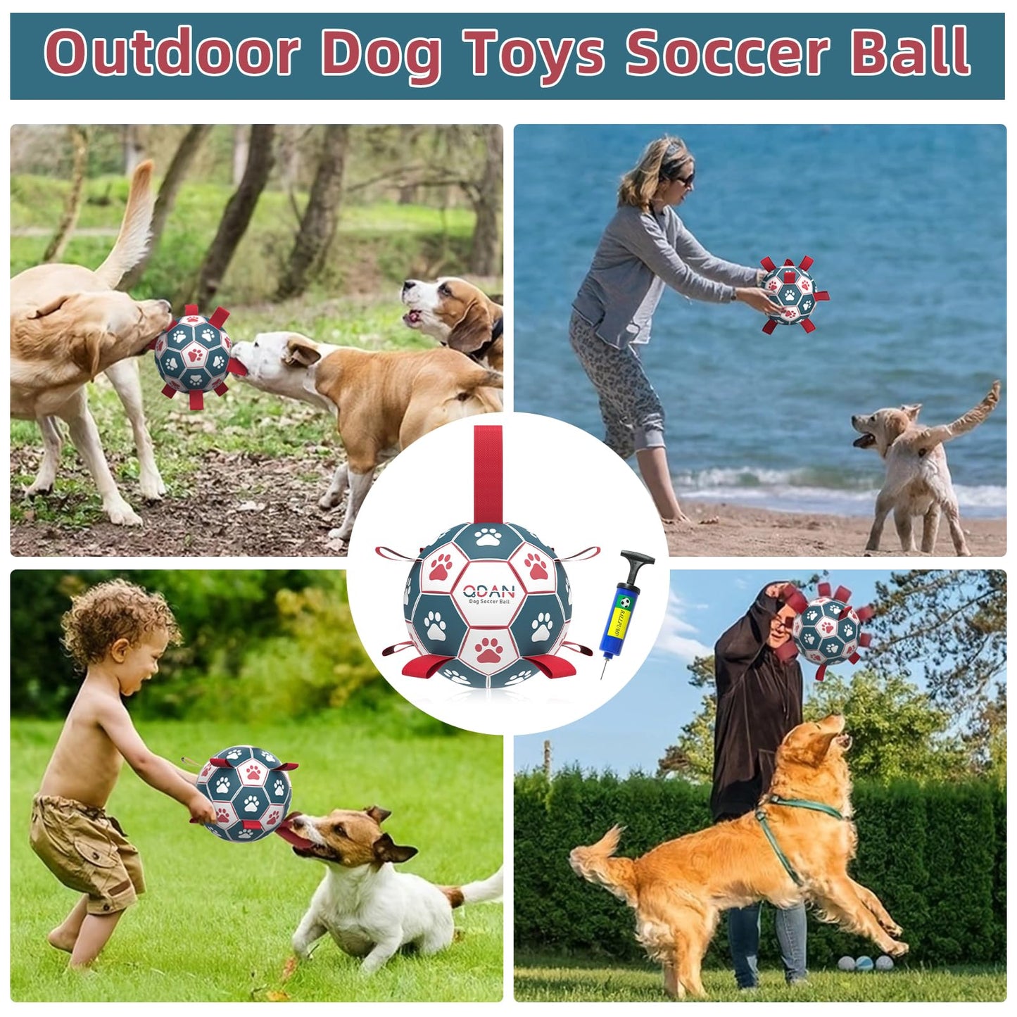 QDAN Dog Balls Toys, Soccer Ball with Straps, Puppy Birthday Gifts, Dog Water Toy, Durable Herding Balls for Small Medium Dogs, Interactive Toys for Tug of War (6 Inch)