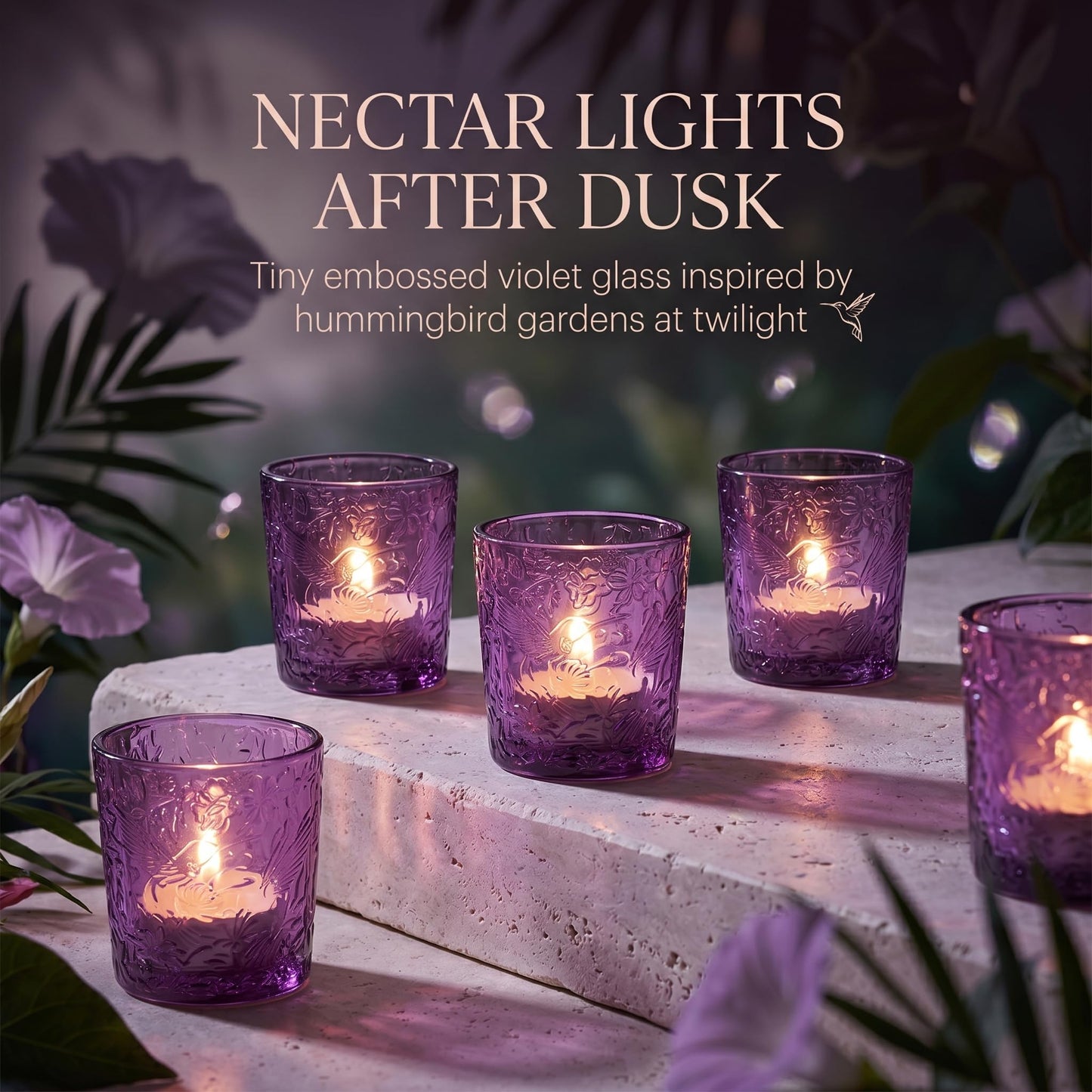 12 Pack Hummingbird Embossed Glass Candle Holders – Votive Tealight Holders with Patent Design, Decorative Embossed Glass Cups for Wedding Centerpieces, Parties, and Home Décor (Amethyst Bloom)