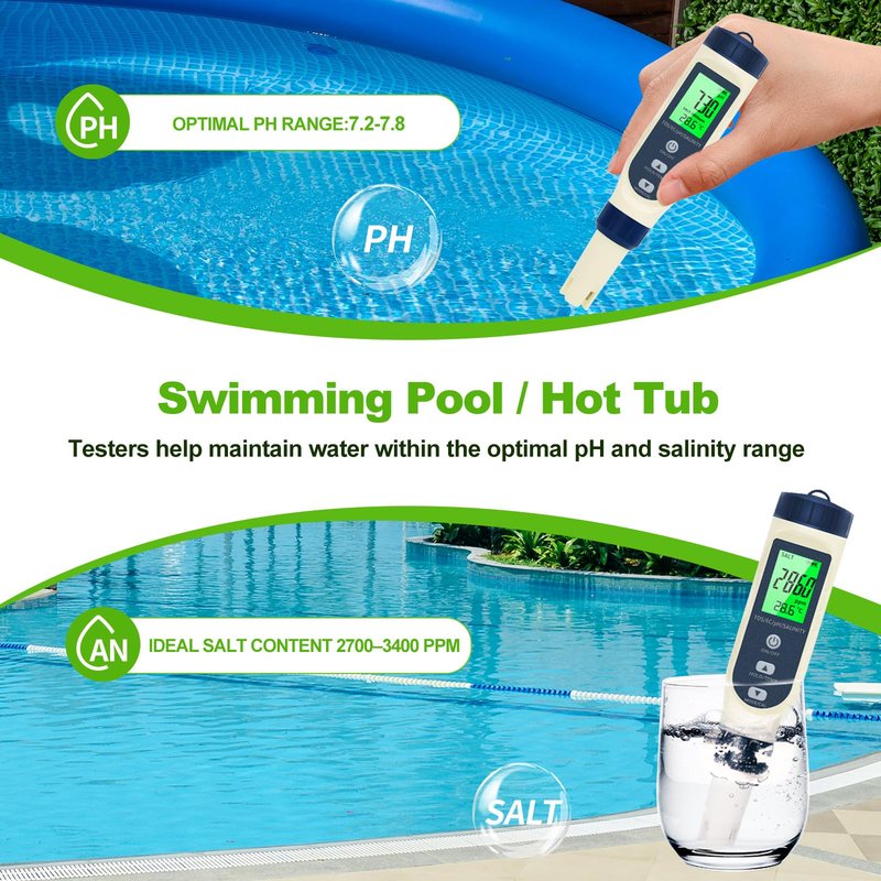 Pious PH Tester Digital, 5 in 1 PH Meter for Water/Salinity Meter/tds/ec/Thermometer, Pool Salt Tester with Constant Temperature Compensation, Suitable for Drinking Water Swimming Pools Aquariums