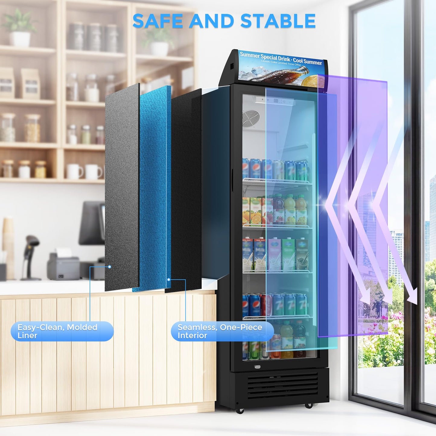 Electactic 9 Cu.Ft Commercial Refrigerators, Display Refrigerator with Double-Tempered Glass Door, Commercial Display Fridge with 4 Adjustable Shelves & LED Light, for Shops, Restaurants, Bars