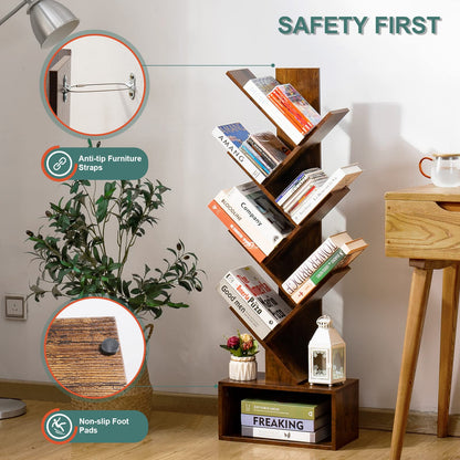 Yoobure Tree Bookshelf - 6 Shelf Retro Floor Standing Bookcase, Tall Wood Book Storage Rack for CDs/Movies/Books, Utility Book Organizer Shelves for Bedroom, Living Room, Home Office, Rustic Brown