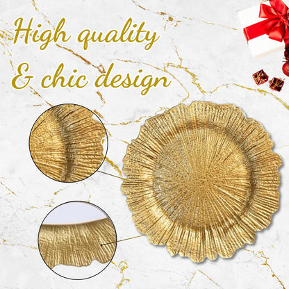 LEMELC Gold Plastic Charger Plates Set – 6 Reef-Style 13" Chargers with 6 White Napkins & 6 Gold Metal Rings – Party Charger Plates & Elegant Table Décor for Dinner Parties & Special Occasions