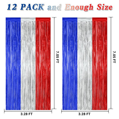 12 Pack Christmas Party Backdrop, 3.28 FT x 7.05 FT Red Silver Green Foil Streamer, Metallic Fringe Curtains Tinsel Streamer, Hanging Christmas Decorations Picture Props Door Decor
