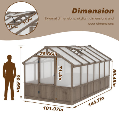 BlueWish 8x12 FT Greenhouse for Outdoors, Wood Green House with Cedar Frame & 6MM Thick Polycarbonate Panel, Walk in Greenhouse with Adjustable Vents for Outdoor, Patio, Garden, Backyard
