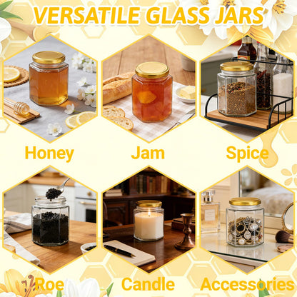 Haneye 3 oz Hexagon Glass Jars with Gold Lids, 30 Pack Honey Jars Canning Jars Small Spice Jars for Jelly, Herb, Jams, Candy, Wedding Favors, Includes Labels and Pen