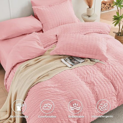 HYMOKEGE King Size Comforter Set - Luxury Rose Pink Seersucker 7-Piece Bedding Set with Sheets & Pillowcases