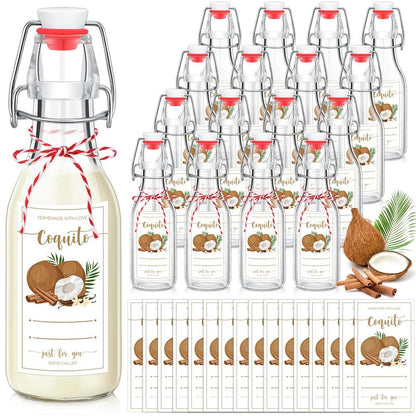 Havawish 16 Pcs Merry Christmas 8 oz Coquito Swing Top Glass Bottles with Airtight Cap Lids Labels Clear Flip Top Bottles with Stoppers for Homemade Christmas Home Brewing Beer Beverages(Coconut)