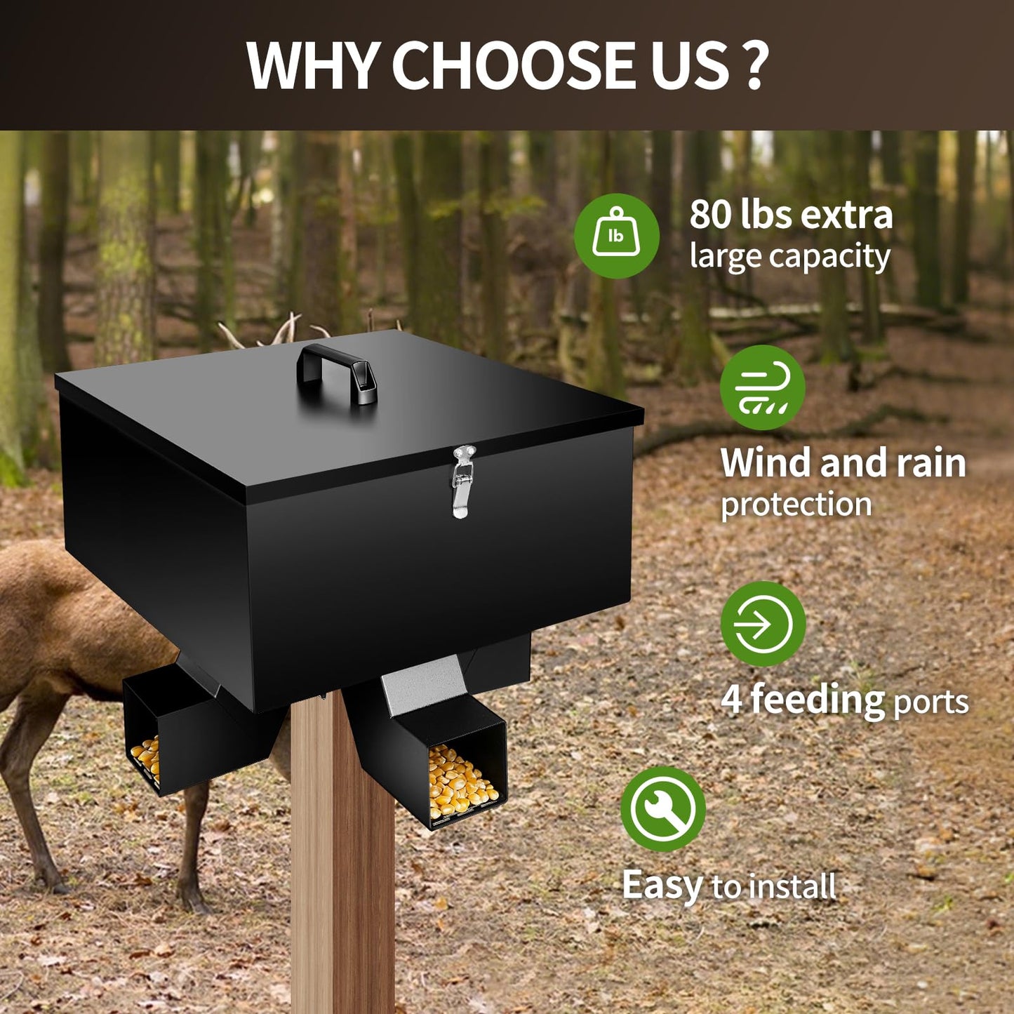 RYFT Portable 80LB Gravity Deer Feeder, Heavy Duty Galvanized Steel Wildlife Feeder with 4 Feeding Ports, Weatherproof Lockable Lid for Hunting, Backyard & Outdoor Game