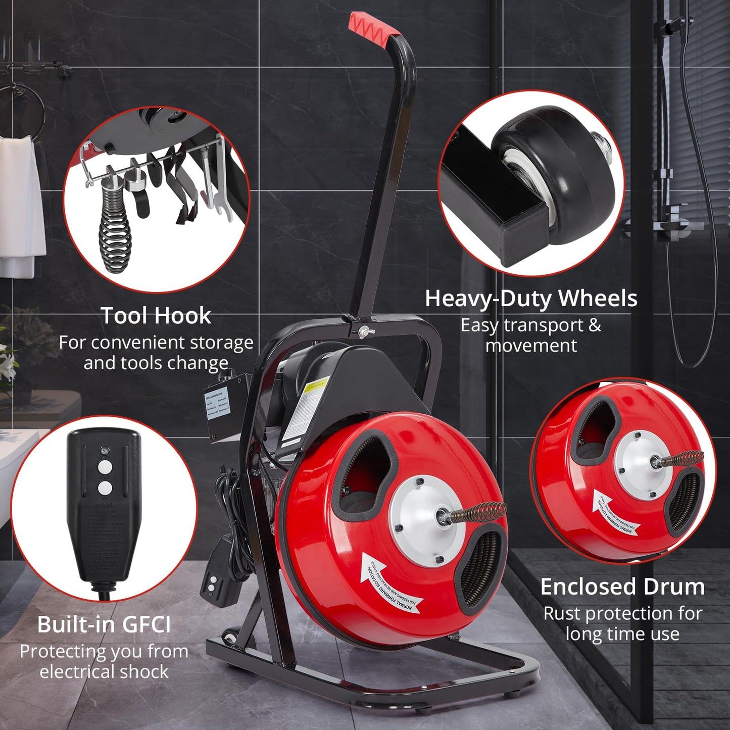 50FT x 1/2Inch Electric Drain Cleaning Machin, Auto Feed Portable Sewer Snake, Semi-Enclosed Drum, Sewer Snake Electric Drain Auger Cleaner with 4 Cutters & Air-Foot Switch for 1"-4" Pipes