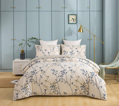 Tache Elegant Leaf Vine Nature Earthy Floral Neutral Cream Beige Tan Blue Breathable Poplin Cotton Zipper Duvet Cover, California King