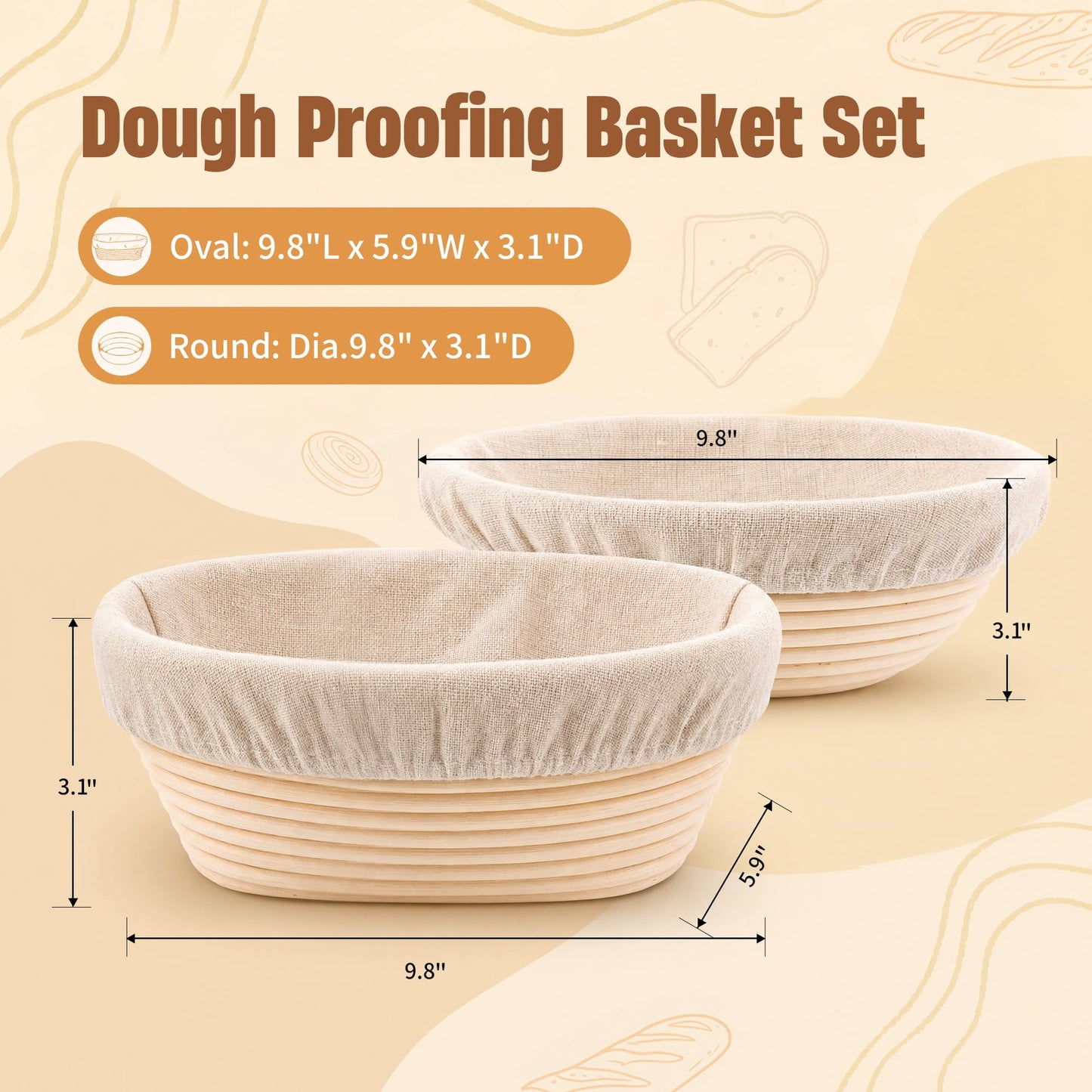Sourdough Bread Baking Supplies, 2 Pack Banneton Bread Proofing Basket 10 inch Round & 10 inch Oval Proofing Bowls for Sourdough Bread with Liner Making Baking Fermentation Tools