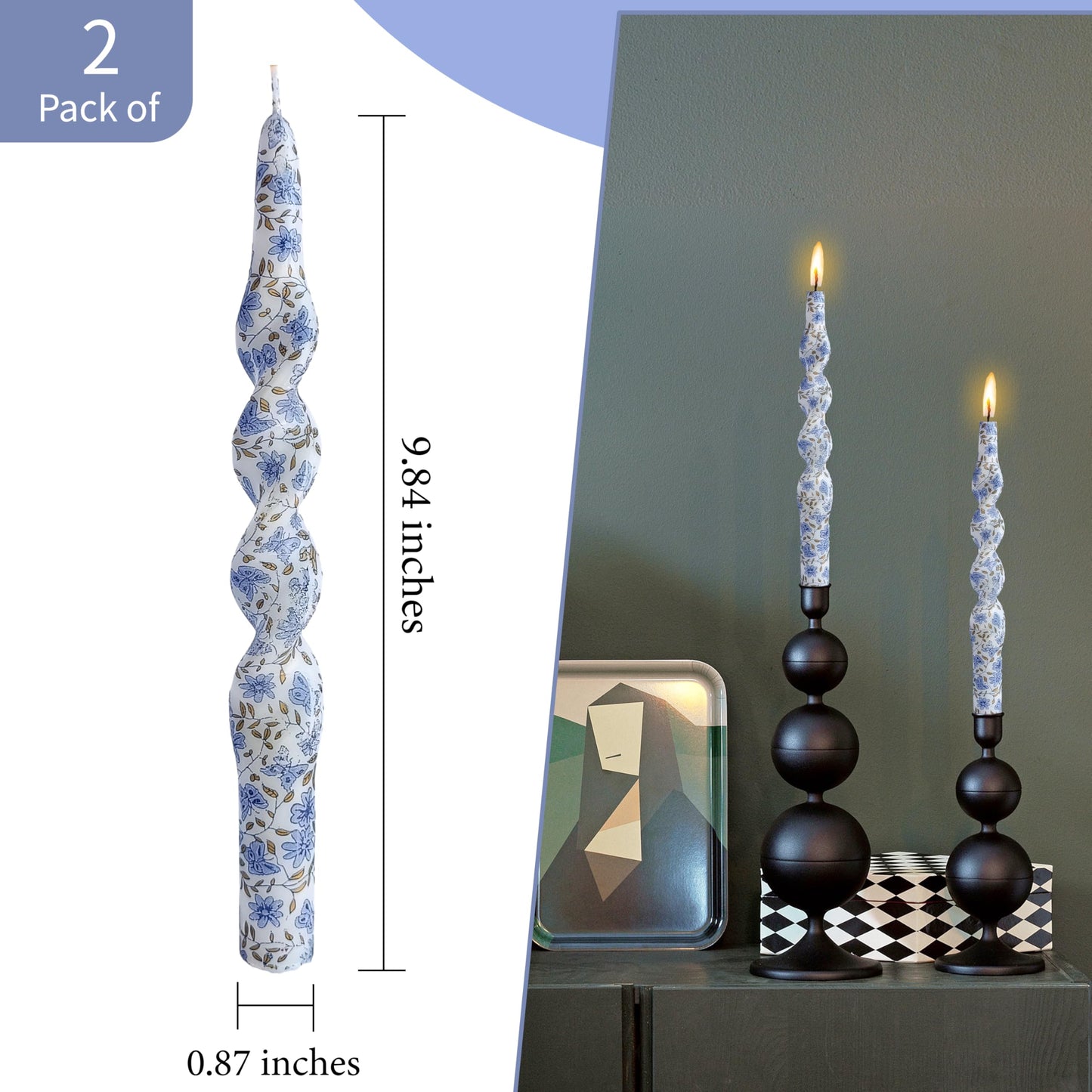 Blue and White Porcelain Taper Candle Flowers Printed Spiral Candles Unscented Smokeless Set of 2 Long Taper Candle 10 inch Twisted Candle Sticks Tapered Candles for Home Wedding Dinner Holiday Party