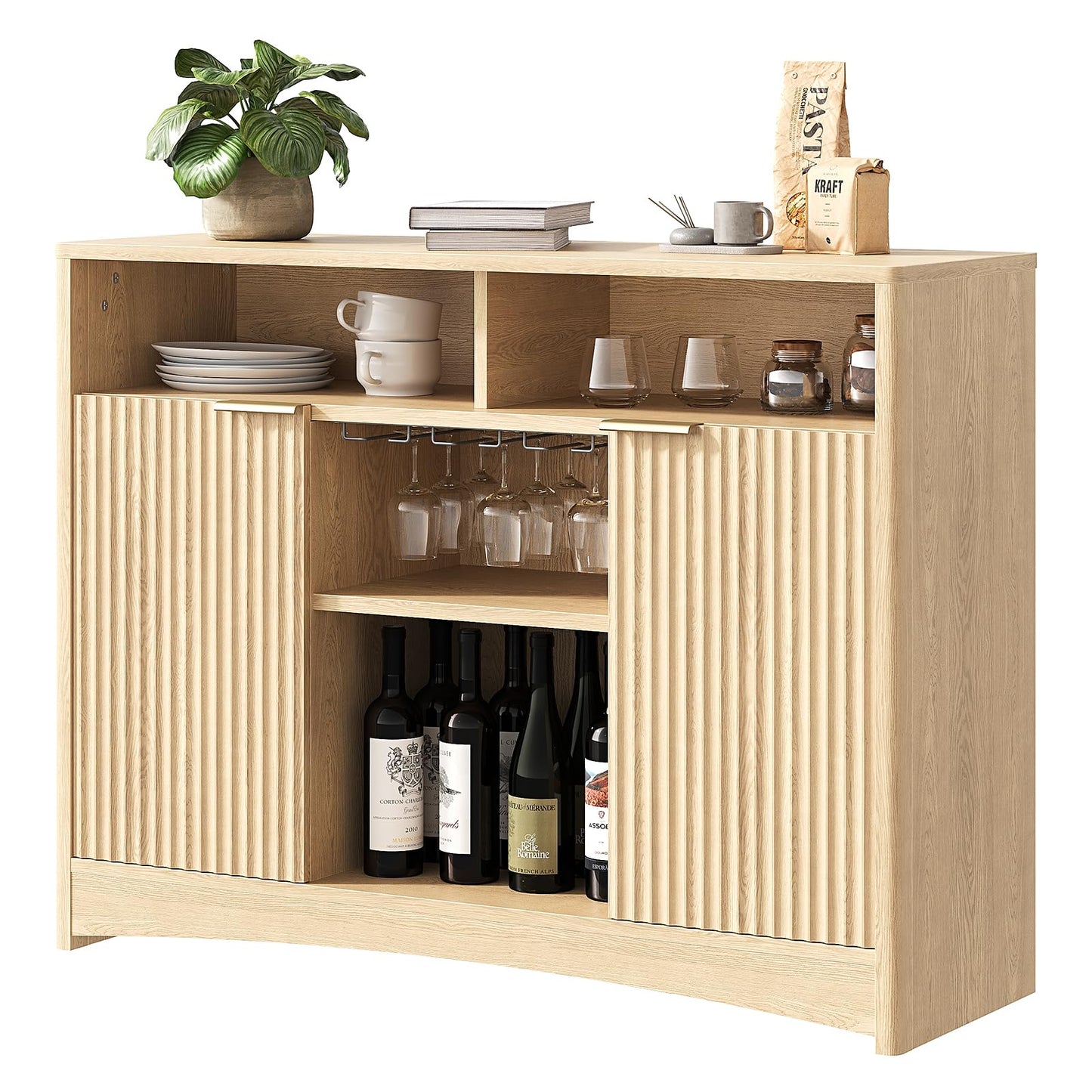 Marsail 47.2" Bar Cabinets with Storage, Modern Buffet Cabinet, Large Sideboard with 2 Fluted Panel Doors, Coffee Bar Cabinet with Adjustable Shelf and Glass Rack for Kitchen, Living Room, Natural Oak