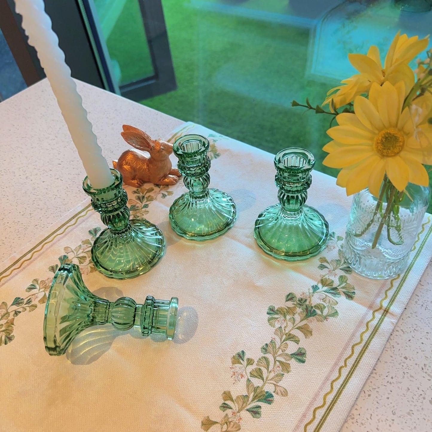ECHFSM Glass Candlestick Holder,Striped Taper Candle Holders,Set of 6 Candle Stand for Table Centerpieces, Home Decor,Weddings,Festival and Parties (Green Stripe Pattern)