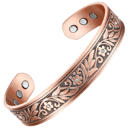 Earth Therapy Women's Floral Crystal Magnetic Copper Cuff Bracelet - Adjustable Sizing - Ultra Strength